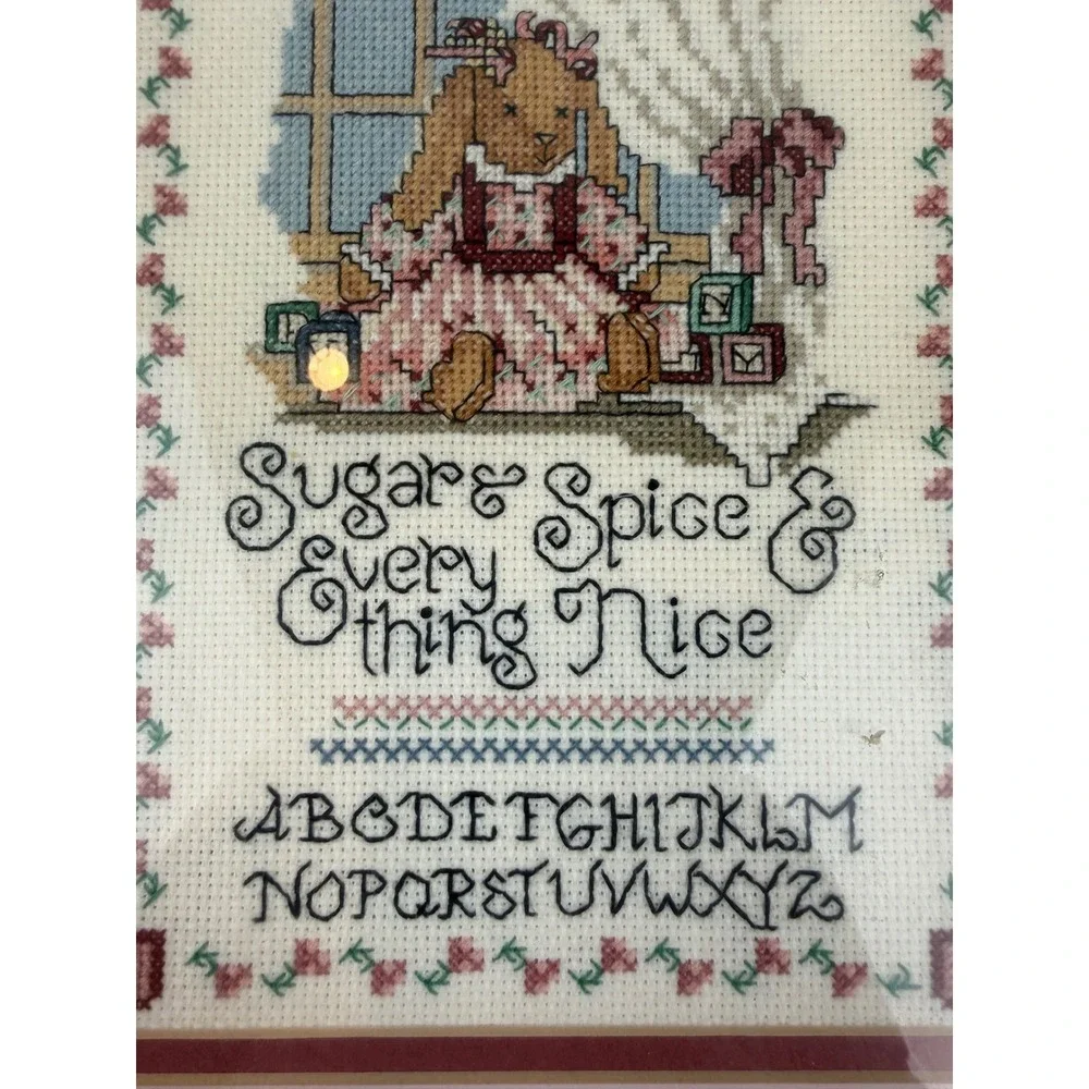 Vintage Framed Cross Stitch Sampler‎ Sugar & Spice Bunny Rabbit Nursery Wall Art